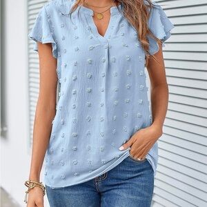 Light Blue Textured Flutter Sleeve Blouse – Size XL